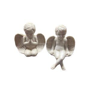 Set Of 2 White Ceramic Angel Figurines With Wings - Sitting & Praying Design
